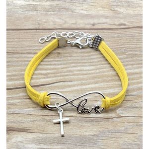 Yellow silver leather love Jesus cross bracelet